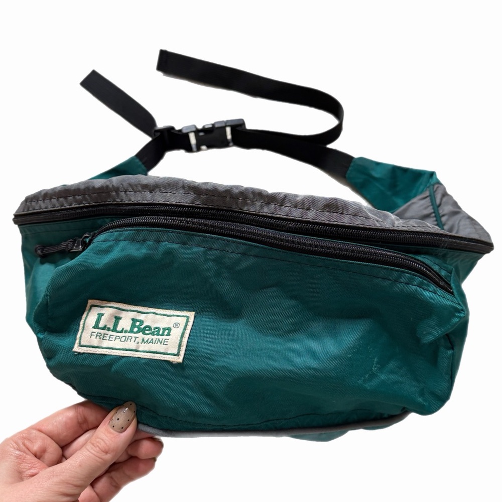 VTG 80s LLBEAN Green Grey Large Bum Bag Belt Waist Bag *FLAW